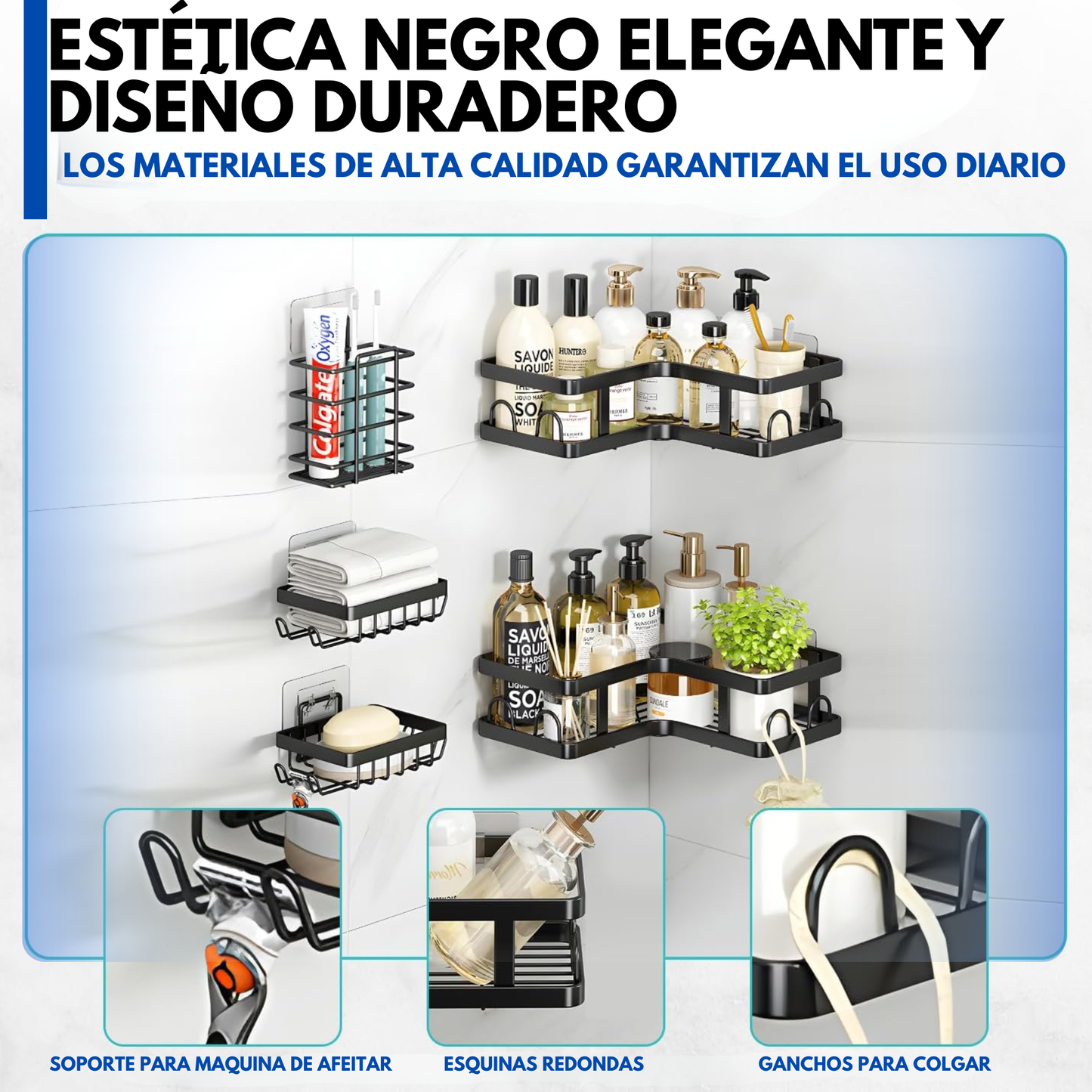 Esquinero de Ducha 5 en 1 MultiSpace – Ordena tu baño sin taladros y con estilo.