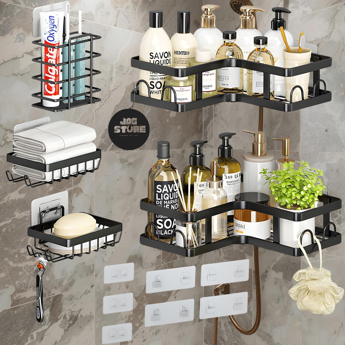 Esquinero de Ducha 5 en 1 MultiSpace – Ordena tu baño sin taladros y con estilo.