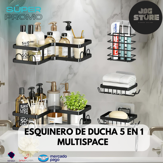 Esquinero de Ducha 5 en 1 MultiSpace – Ordena tu baño sin taladros y con estilo.